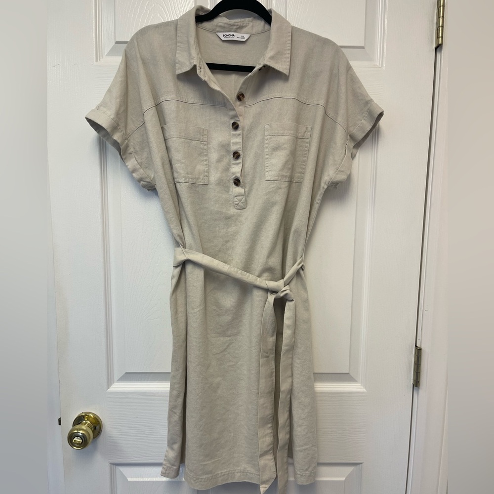 Beige Button-Up Shirt Dress